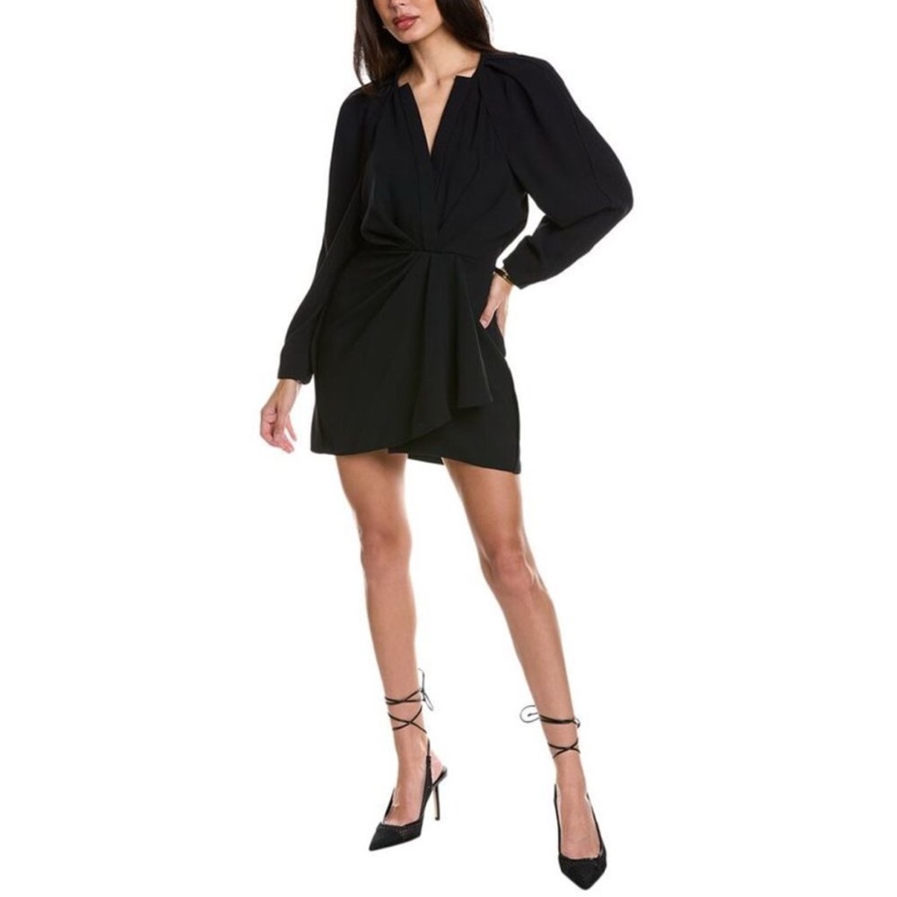 IRO Nadine Black Crepe Draped V Neck Mini Dress Size 42 NWT